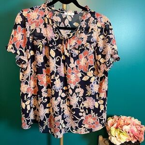 Pleione Black Short Sleeve Blouse with Mandarin Collar